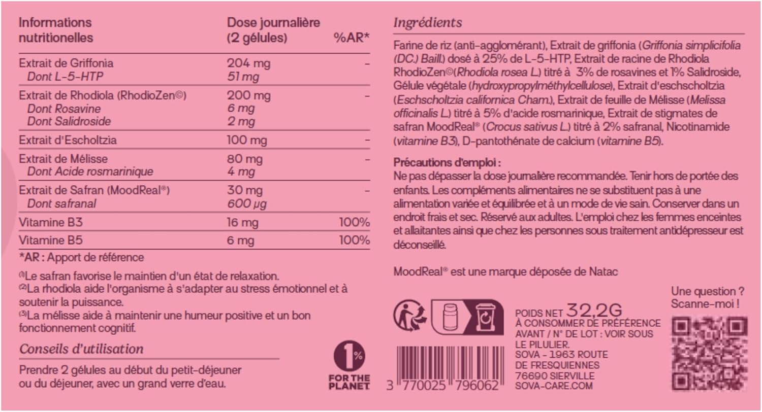 SOVA - Serenity Booster - Good Mood & Inner Balance - Saffron, Rhodiola Rosea, Griffonia and Vitamins B3 B5 - Mental Energy - 60 capsules - Made in France - Image 7