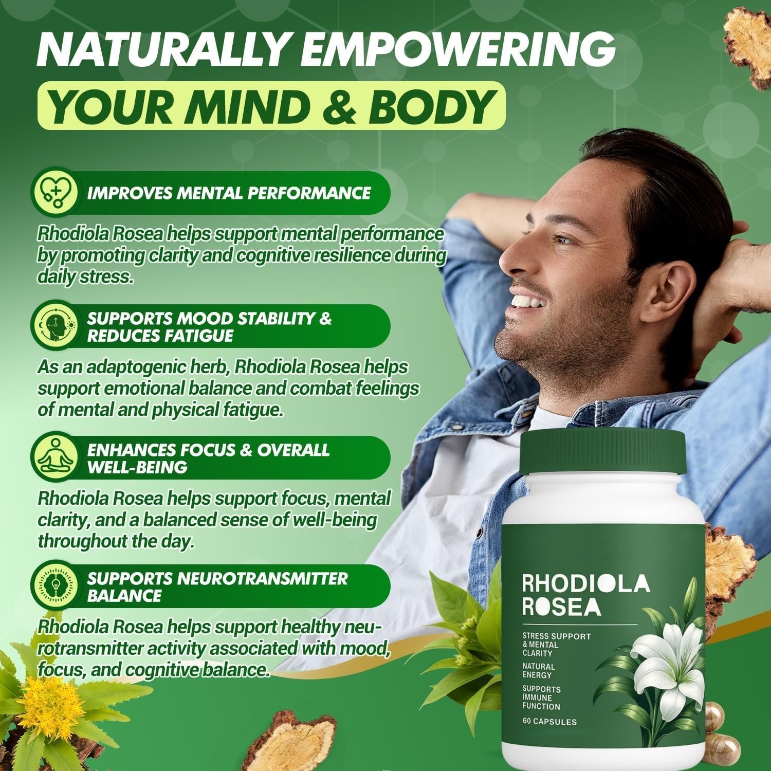 Rhodiola Rosea -Soutien énergétique et quotidien contre le stress, équilibre énergétique, fonction immunitaire, sans OGM - Image 5