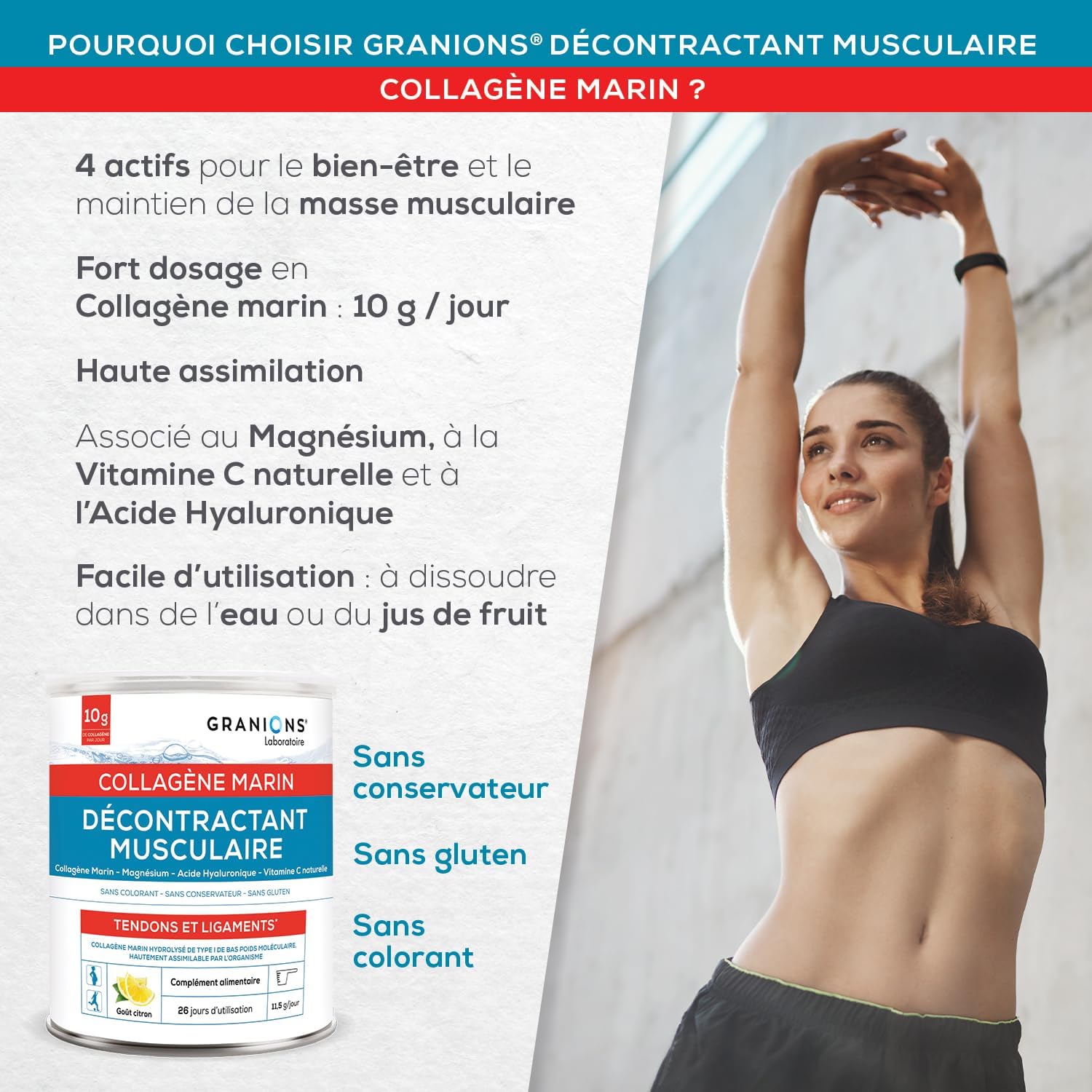 GRANIONS - Marine Collagen Powder - MUSCLE RECONTRACTANT - Collagen and Hyaluronic Acid + Magnesium + Vitamin C - Joints, Tendons, Ligaments, Muscle - 300 g Pot of Marine Collagen - Image 3