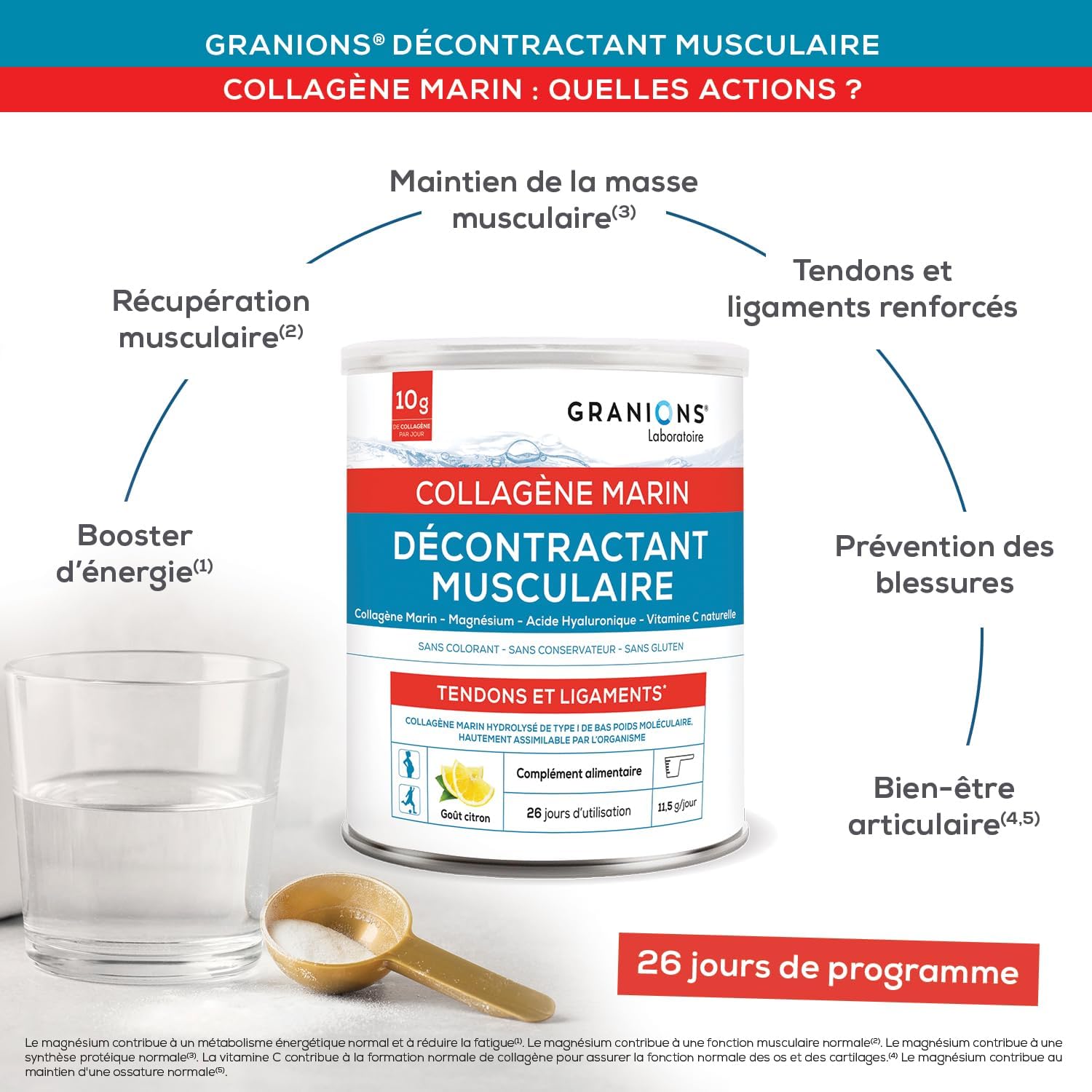 GRANIONS - Marine Collagen Powder - MUSCLE RECONTRACTANT - Collagen and Hyaluronic Acid + Magnesium + Vitamin C - Joints, Tendons, Ligaments, Muscle - 300 g Pot of Marine Collagen - Image 4