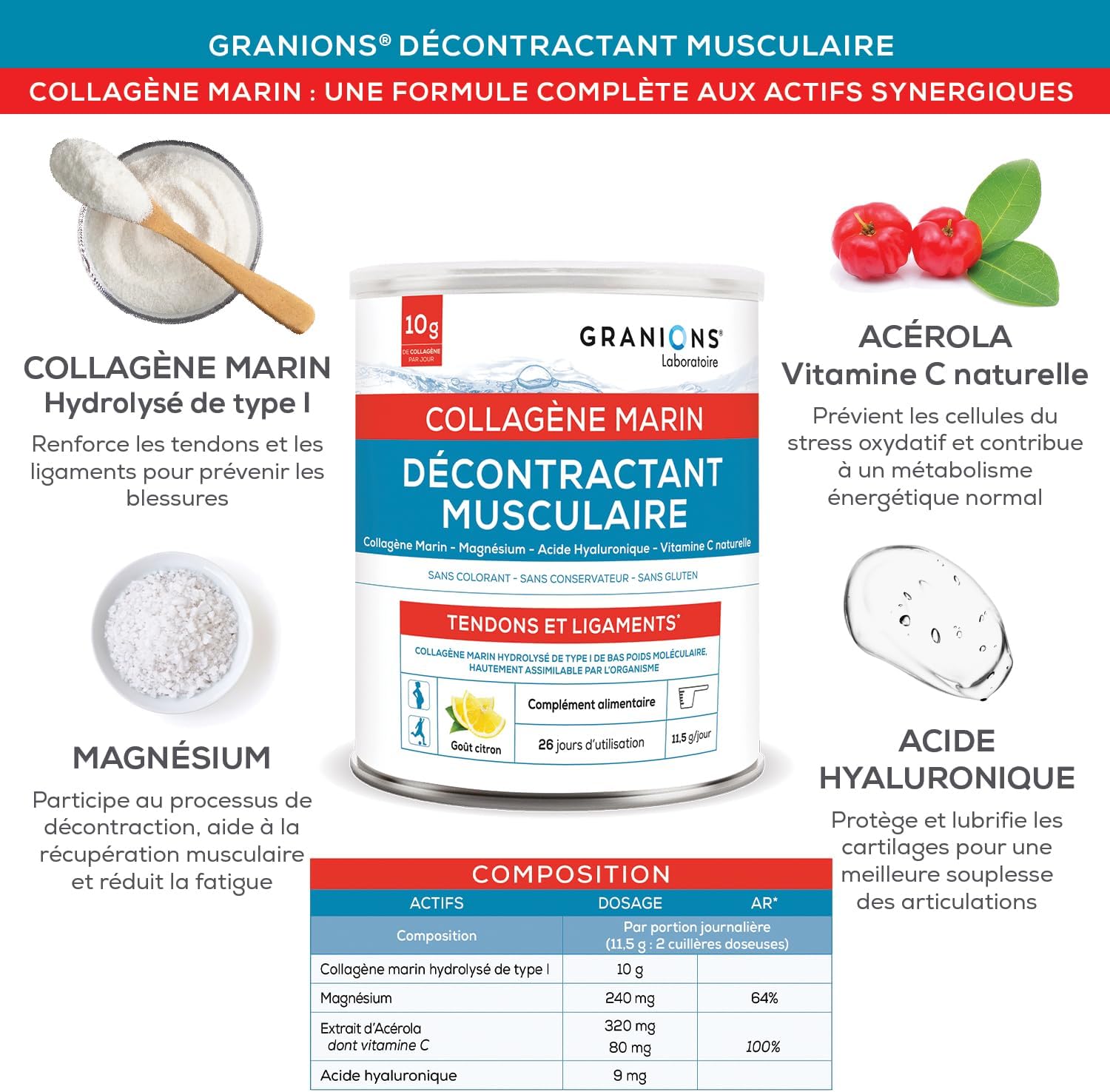 GRANIONS - Marine Collagen Powder - MUSCLE RECONTRACTANT - Collagen and Hyaluronic Acid + Magnesium + Vitamin C - Joints, Tendons, Ligaments, Muscle - 300 g Pot of Marine Collagen - Image 5