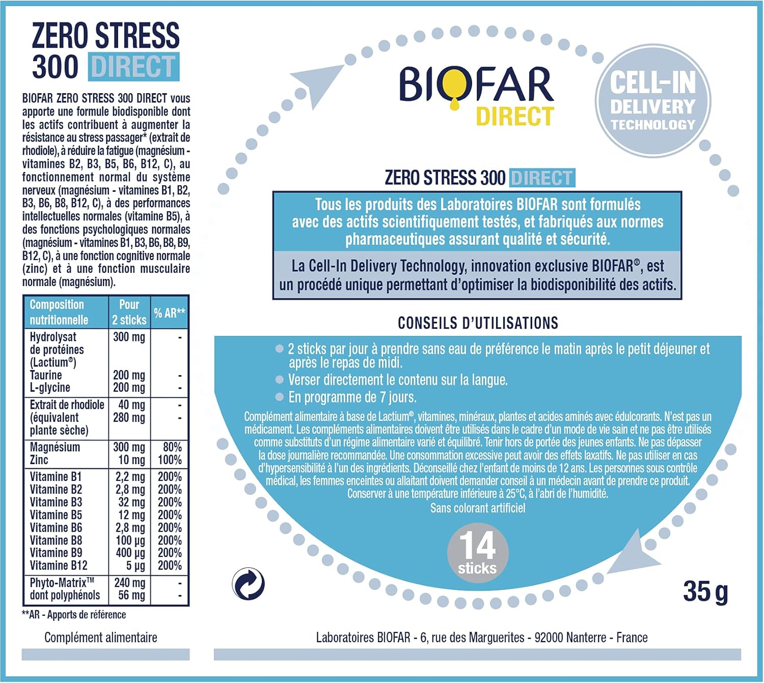 BIOFAR - ZERO STRESS 300 DIRECT – Food Supplement - Passenger Stress & Fatigue - Fruity Taste - Lactium, Rhodiole, Magnesium - Pack of 2 - 2x14 Orodispersible Sticks (No Water) - Image 7