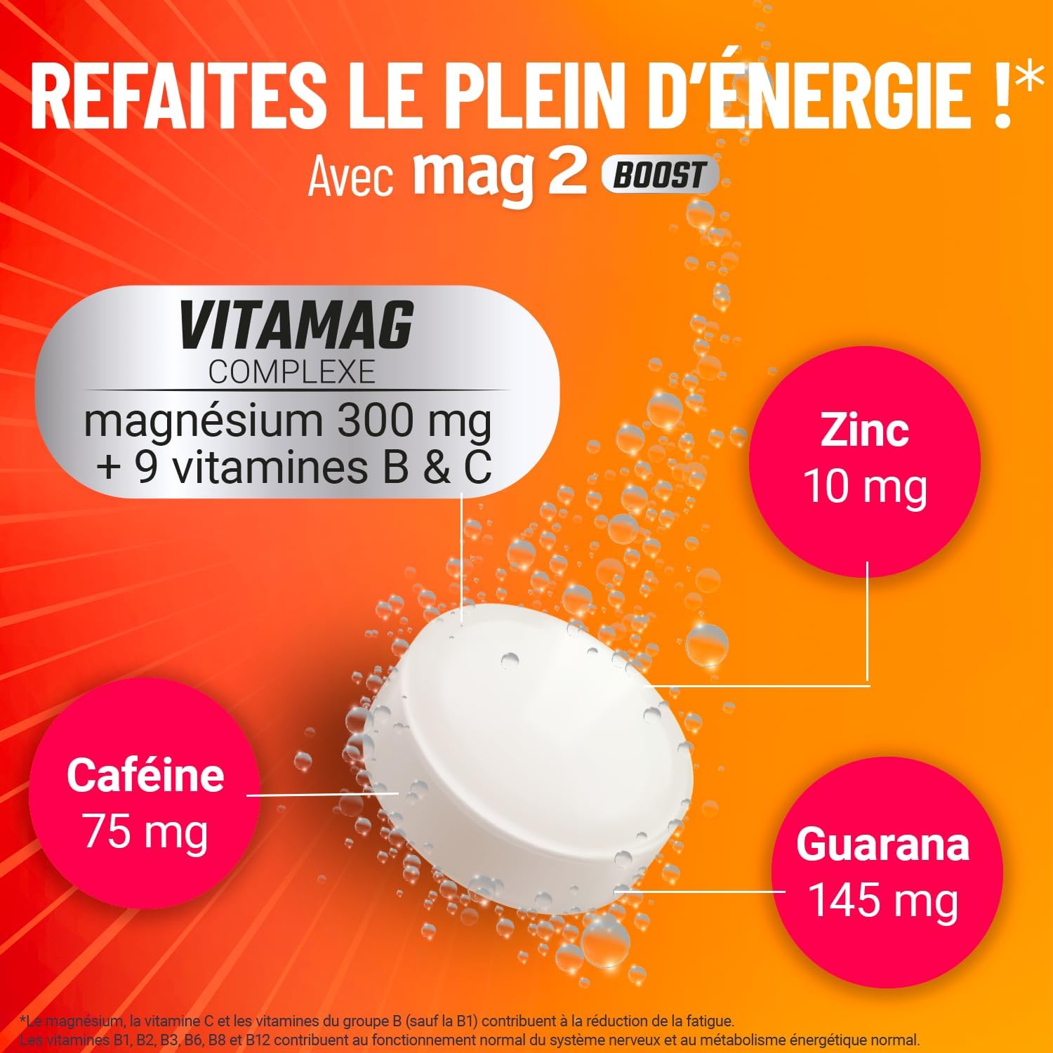 MAG 2 - BOOST – Magnesium, B and C vitamins, zinc and guarana extract - Boosts physical and mental fatigue - Vegan ingredients - Red fruit flavour- 20 effervescent tablets - Image 3