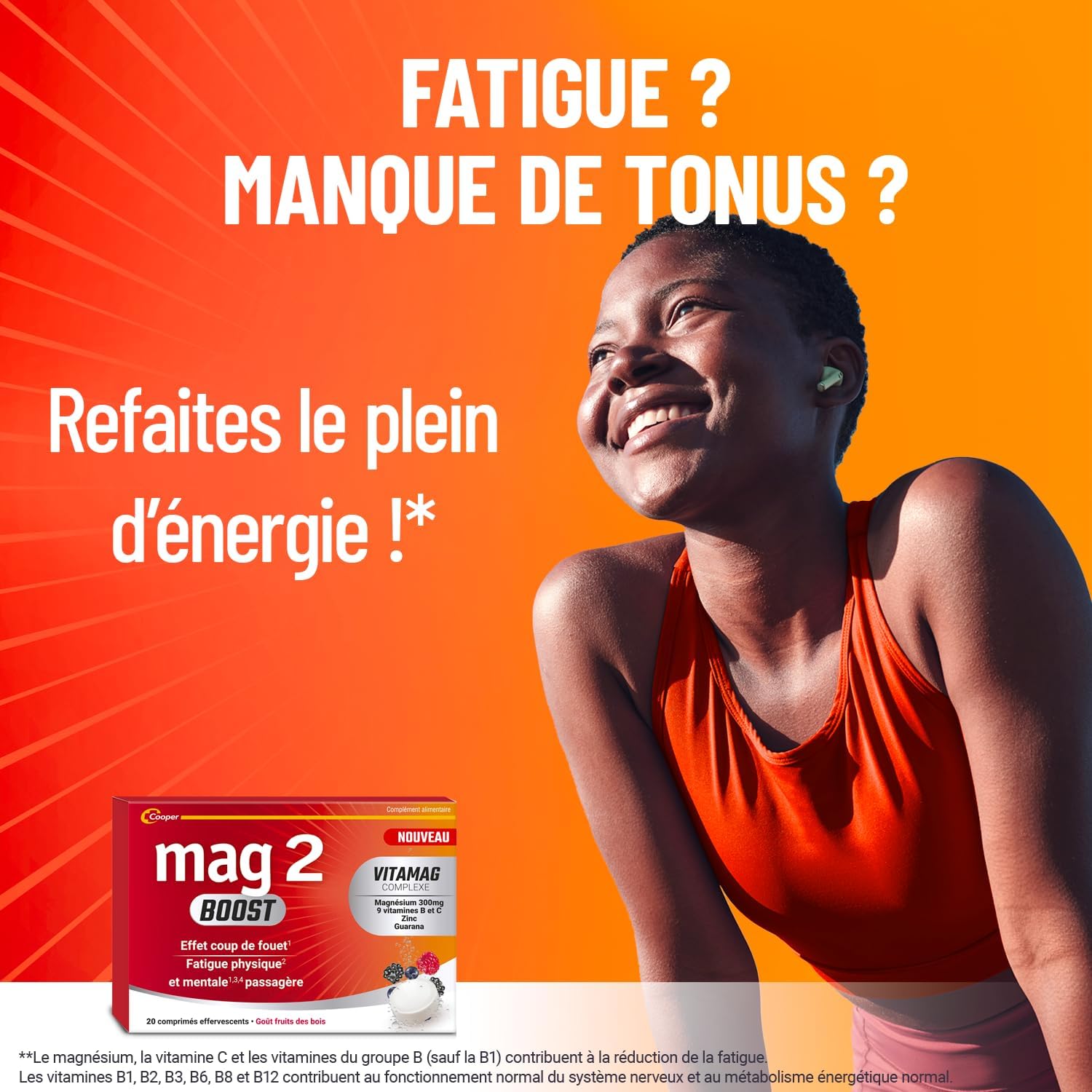 MAG 2 - BOOST – Magnesium, B and C vitamins, zinc and guarana extract - Boosts physical and mental fatigue - Vegan ingredients - Red fruit flavour- 20 effervescent tablets - Image 7