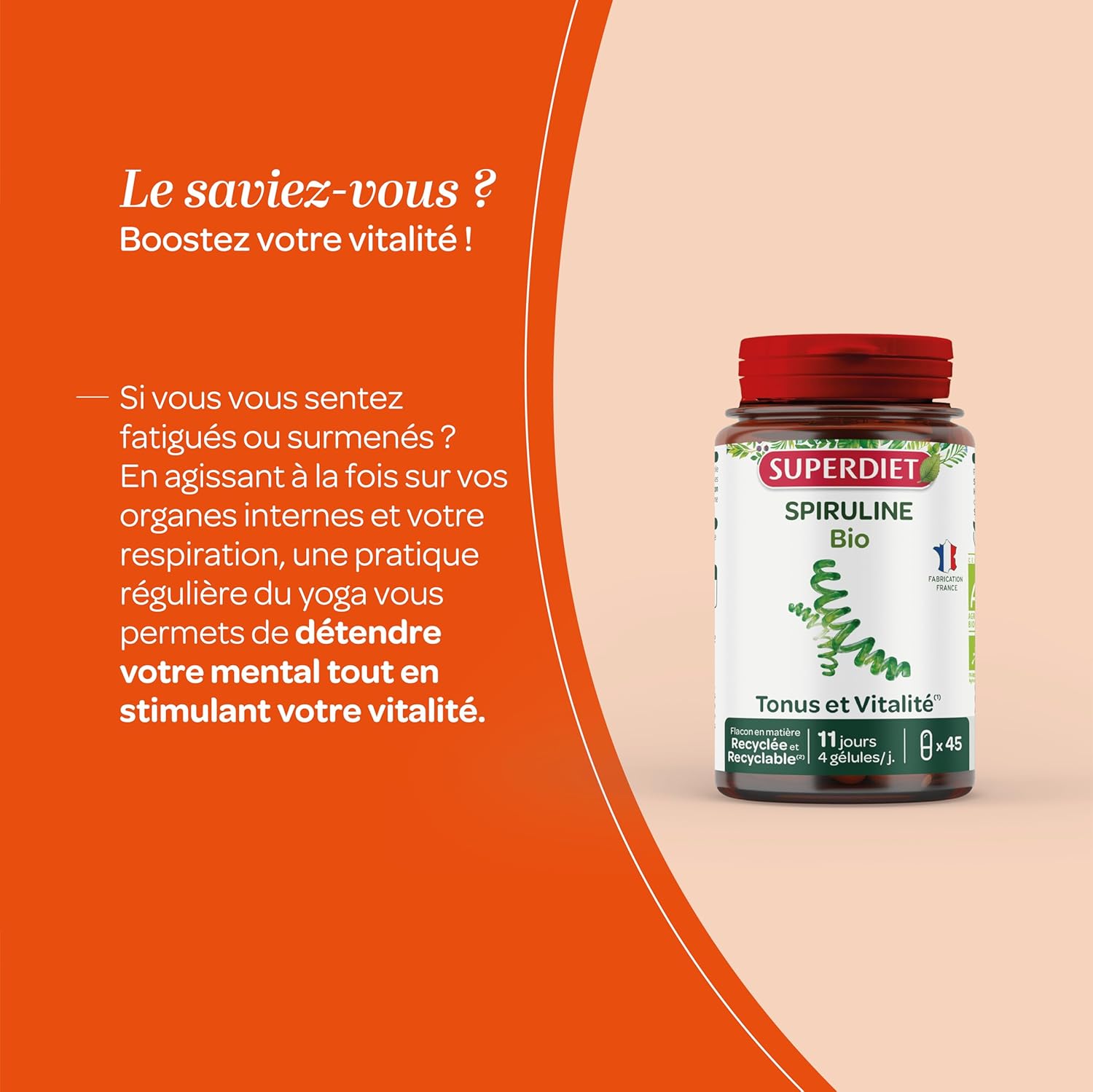 SUPERDIET - ORGANIC SPIRULINA - Tone and Vitality - Sports Recovery -Phytotherapy - Made in France - 45 capsules - Image 6
