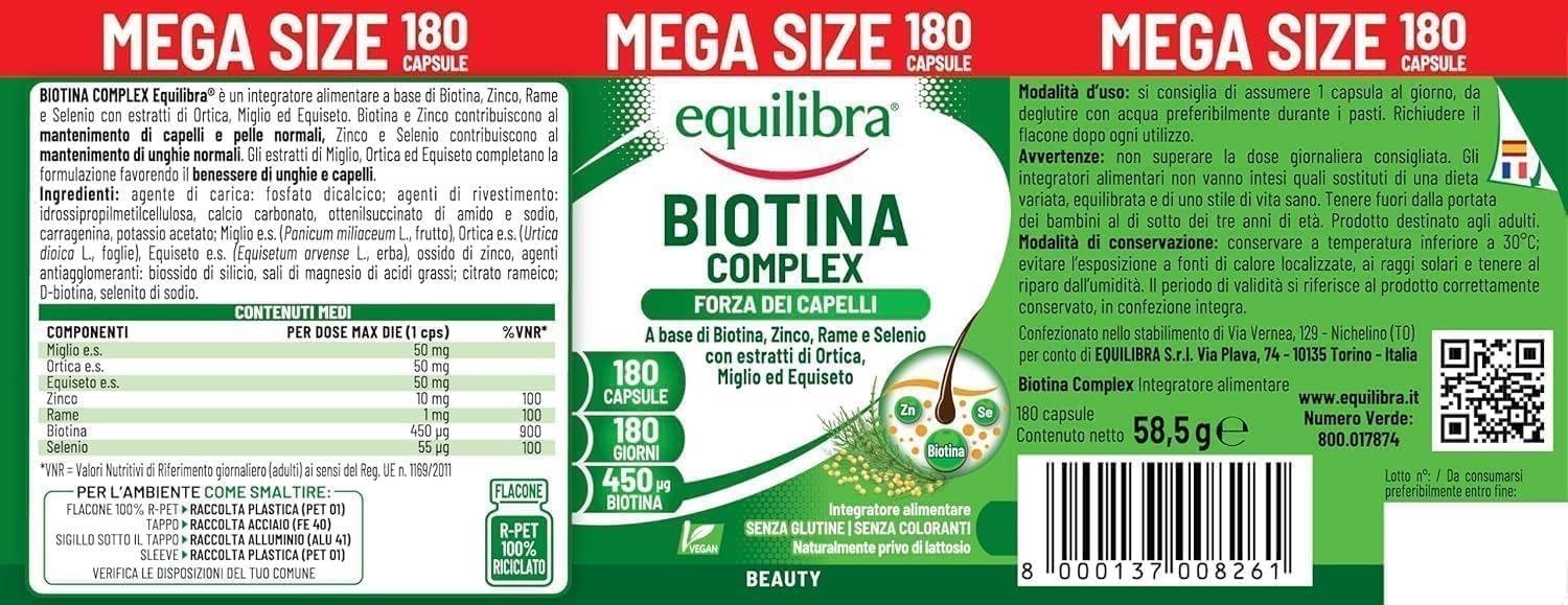Equilibra Biotin High Dosed 450 mcg, for Hair and Nails, with Zinc, Copper, Selenium, Nettle, Millet and Horsetail Extracts, Vegan, Gluten Free, Lactose Free, 180 Capsules - Image 6