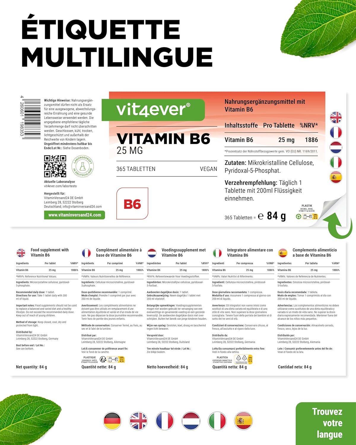 Vitamin B6 P-5-P - 365 Tablets - Hchdosed to 25 mg (Pyridoxal-5-phosphate) - Premium: Vitamin B6 Bioactive - No Additives - Vegan - Image 7