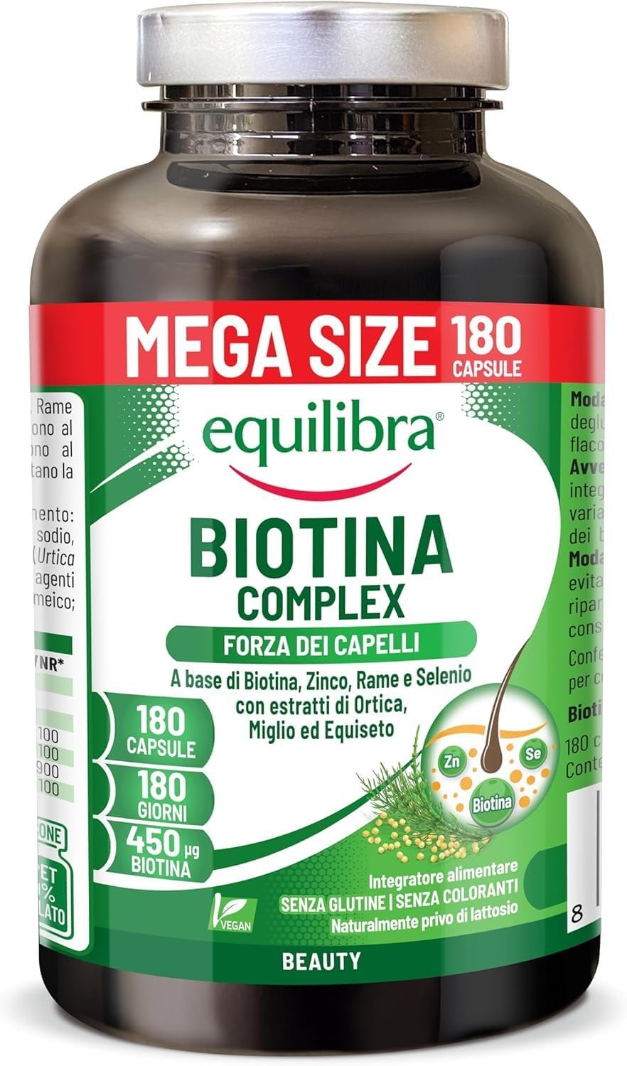 Equilibra Biotin High Dosed 450 mcg, for Hair and Nails, with Zinc, Copper, Selenium, Nettle, Millet and Horsetail Extracts, Vegan, Gluten Free, Lactose Free, 180 Capsules - Image 2