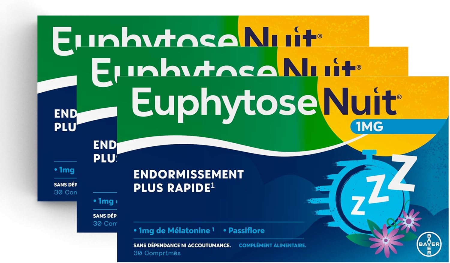 Euphytose Night - Adult Dietary Supplement - Melatonin 1mg - Faster Sleep - Passion Flower: Quality Sleep - 3 Packs of 30 Tablets - 90 Nights Sleep - Made in France - Image 2