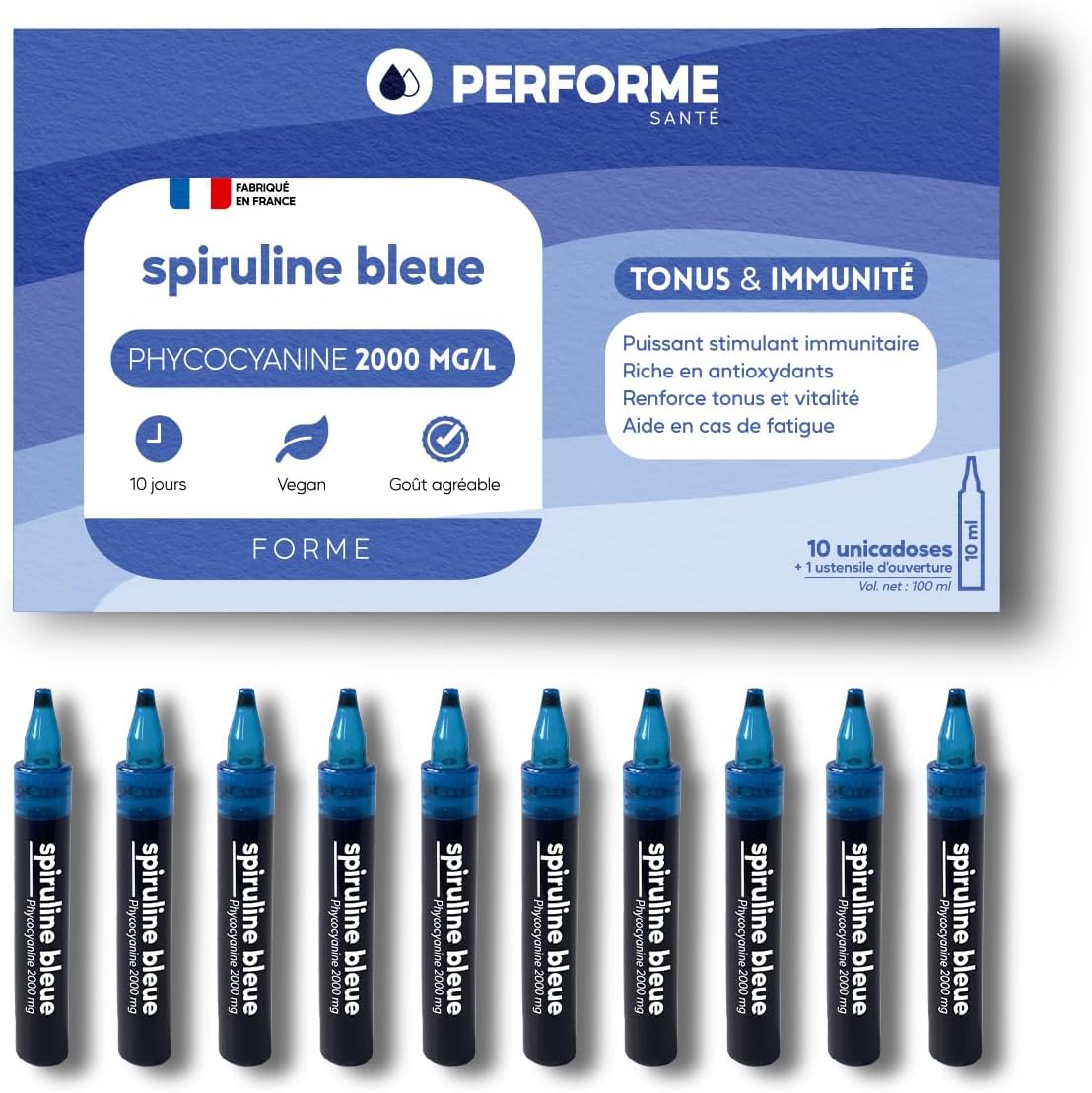 French Phycocyanin - Blue Spirulina Concentrated at 2000 mg/l - Reduces Fatigue and Strengthens Tonus - 10 Day Cure - 100% Natural PERFORME - Image 2
