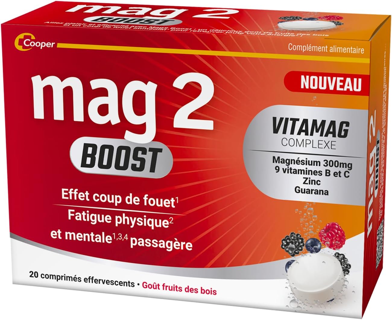 MAG 2 - BOOST – Magnesium, B and C vitamins, zinc and guarana extract - Boosts physical and mental fatigue - Vegan ingredients - Red fruit flavour- 20 effervescent tablets - Image 2