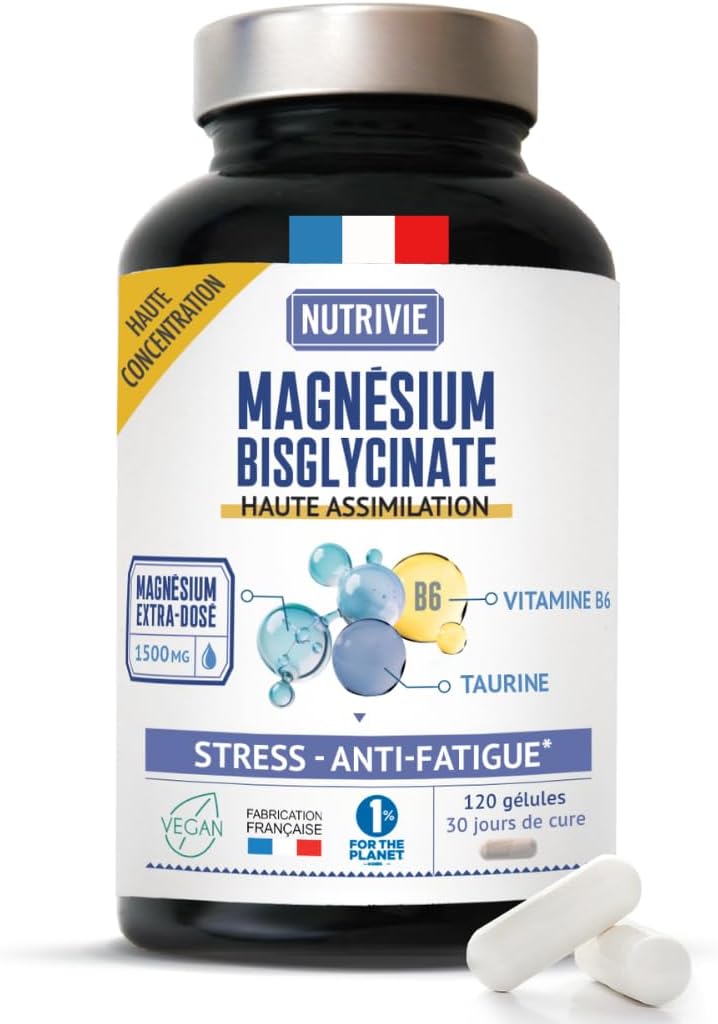 Magnesium Bisglycinate 1500 mg - Vitamin B6 & Taurine - Stress, Fatigue & Sleep - High Absorption & High Concentration - 120 Capsules - Made in France - Nutrivie - Image 2