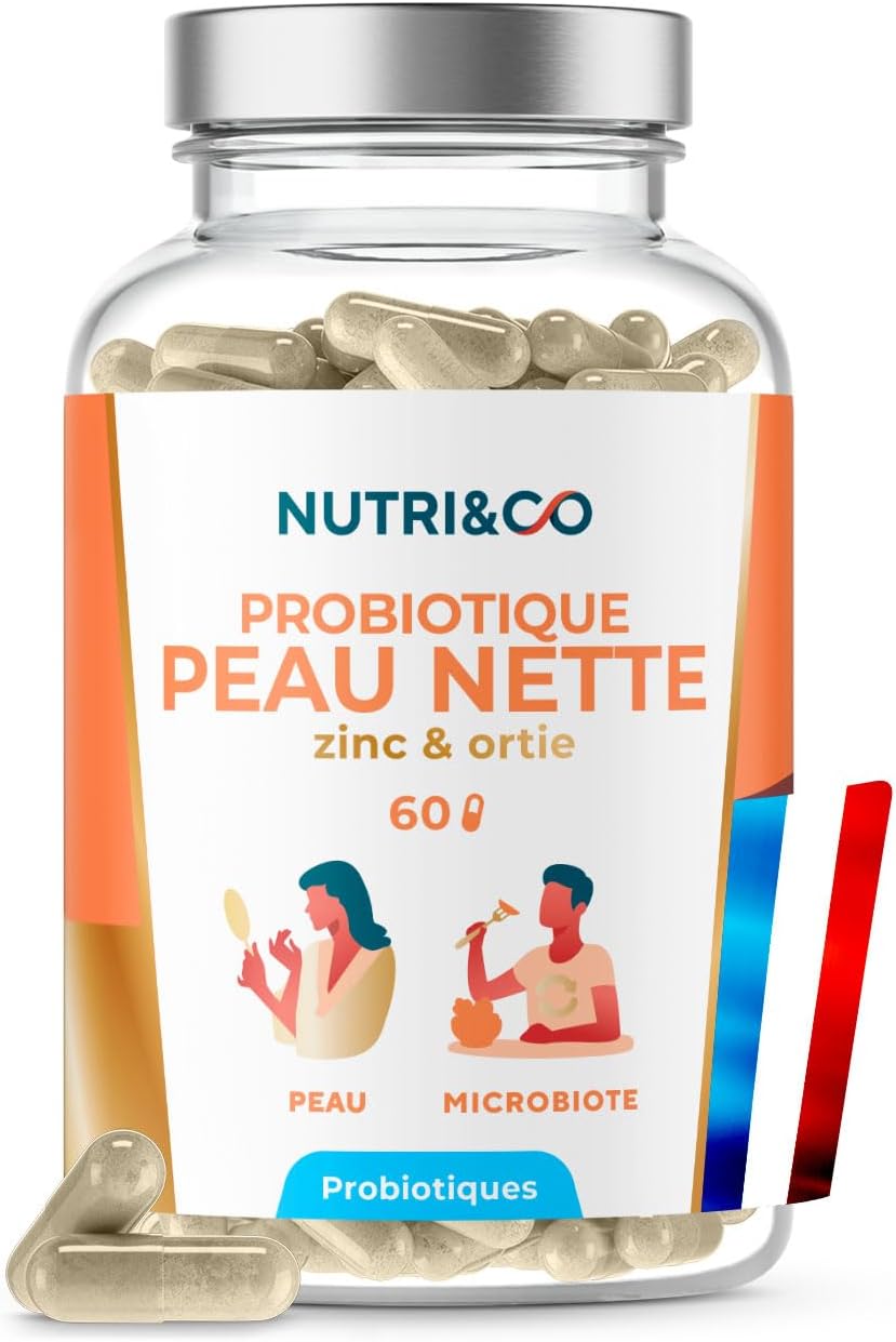 NUTRI & CO Probiotic for Clean Skin - Target Imperfections & Regulates Sebum Production - Zinc Bisglycinate + Nettle + Patented Probiotics - Microbiote-Peau Axis - 60 Vegan Capsules Made in France - Image 2