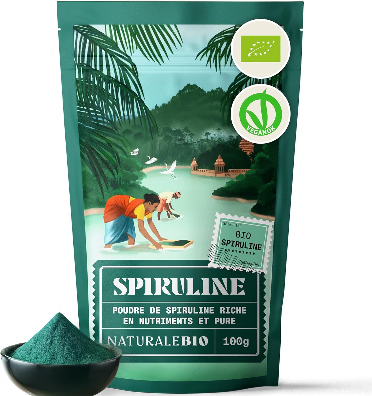 NaturaleBio Organic Spirulina Algae Powder 100 g. Natural and Pure, Grown in tropical regions. Ideal in drinks and smoothies or recipes. Suitable for vegetarian and vegan diets. - Image 2