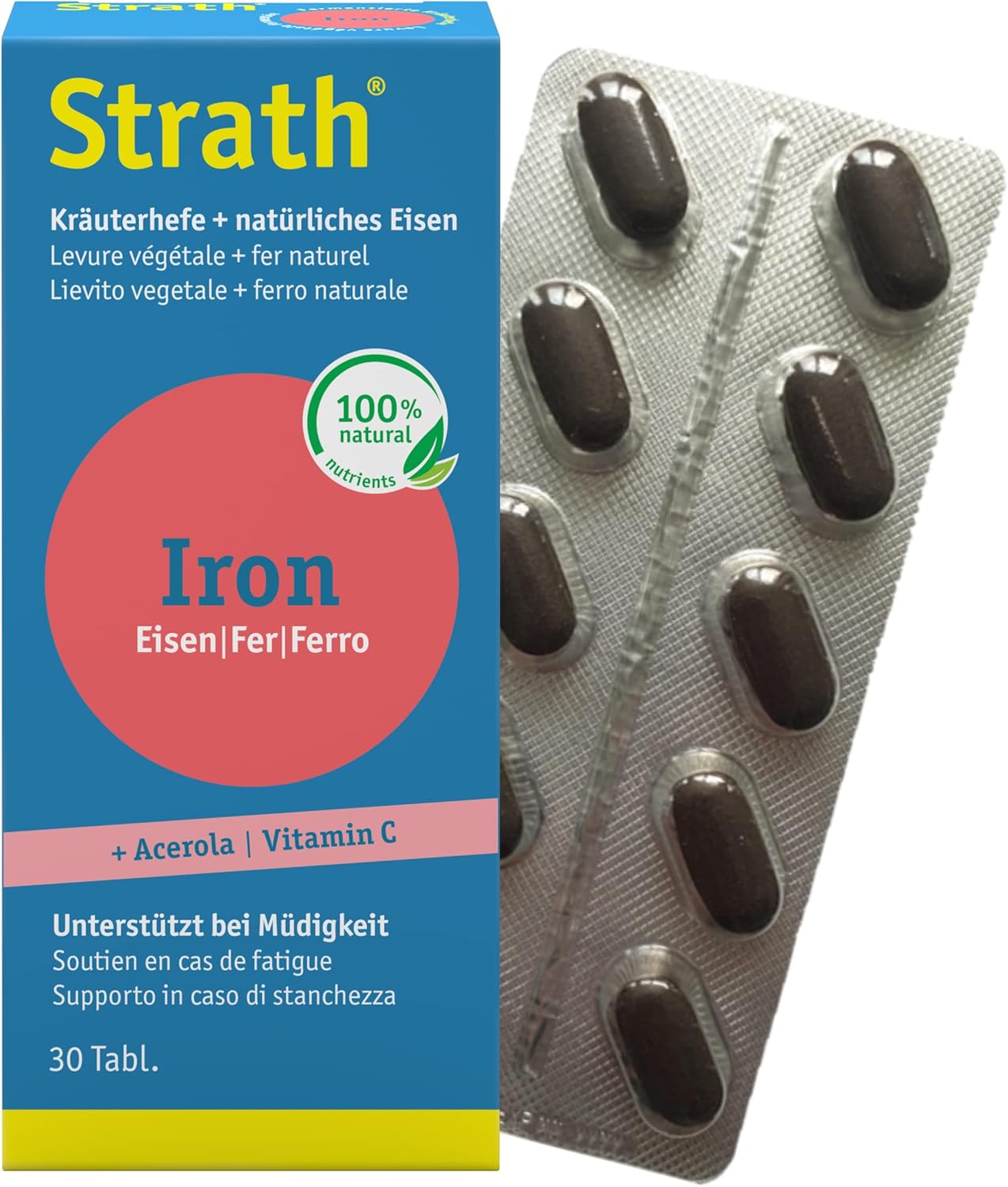 Strath Iron Iron - Supplementary Supplement for Fatigue Based on Vegetable Yeast, Fermented Natural Iron, Vitamin C and Acerola 30 tablets. - Image 2
