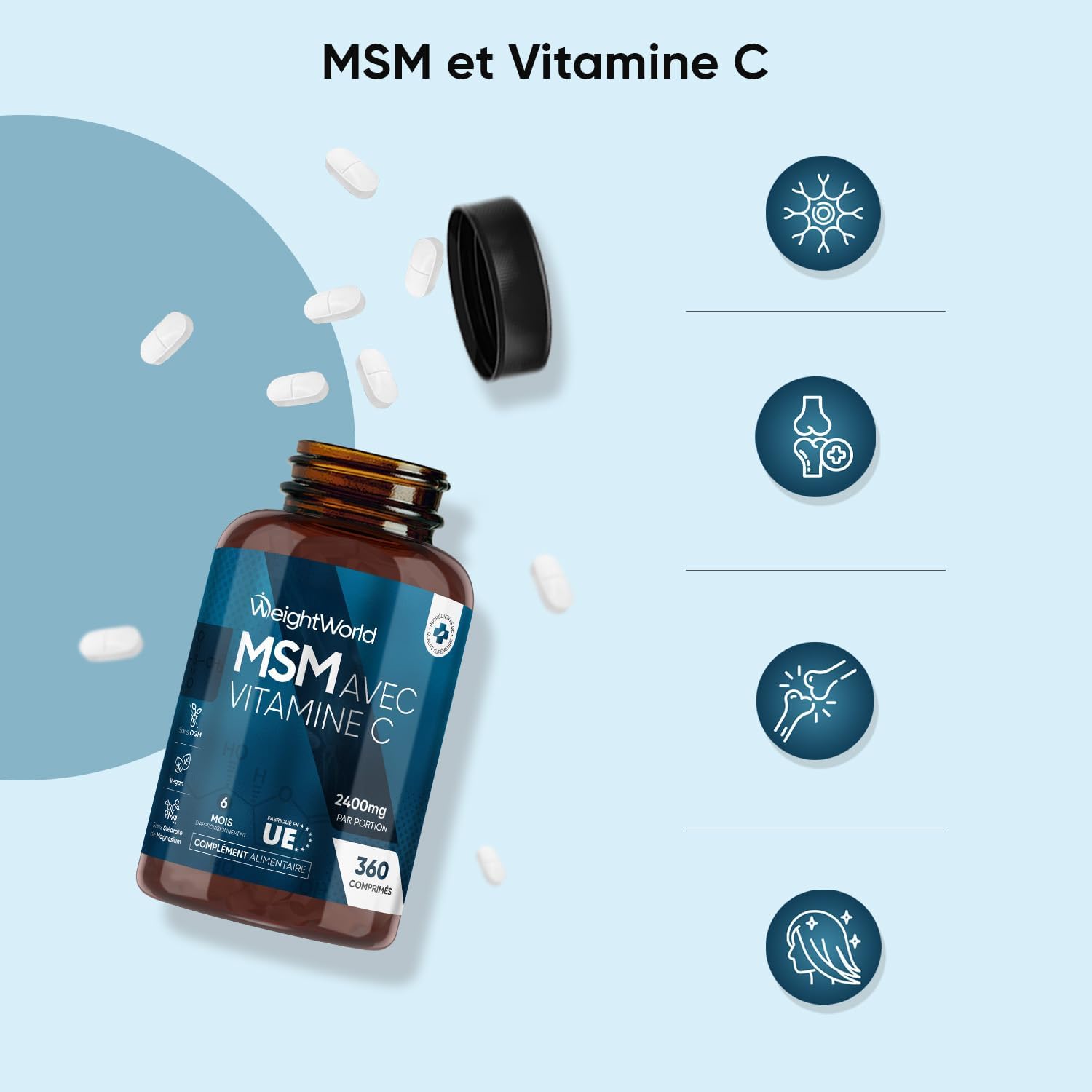 MSM Vitamin C 2400mg Per Serving, 360 Vegan Tablets 6 Month Supply, Methylsulfonylmethane with Ascorbic Acid (Vitamin C) Tablets Instead of MSM Powder & Capsules - Image 8