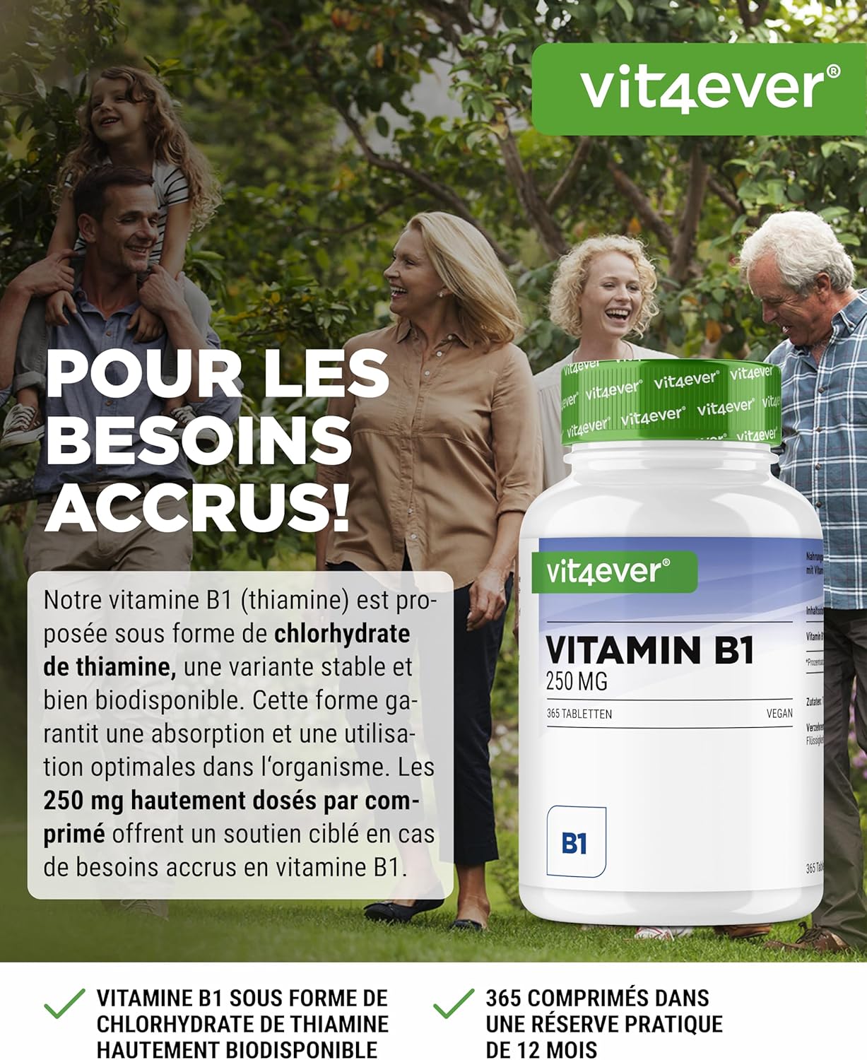 Vitamin B1 (Thiamine) - 250 mg - 365 Tablets - Premium: Thiamine Hydrochloride - High bioavailability - 12 months reserve - No unwanted additives - Vegan - Image 3