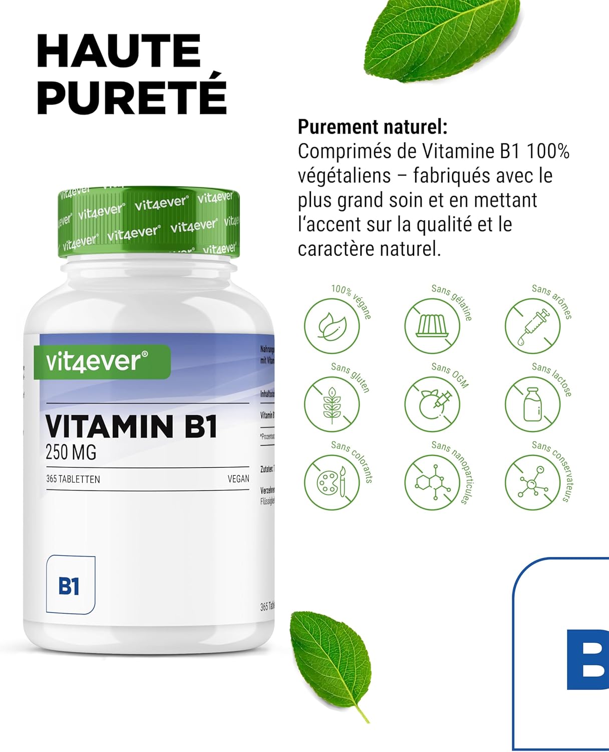 Vitamin B1 (Thiamine) - 250 mg - 365 Tablets - Premium: Thiamine Hydrochloride - High bioavailability - 12 months reserve - No unwanted additives - Vegan - Image 4