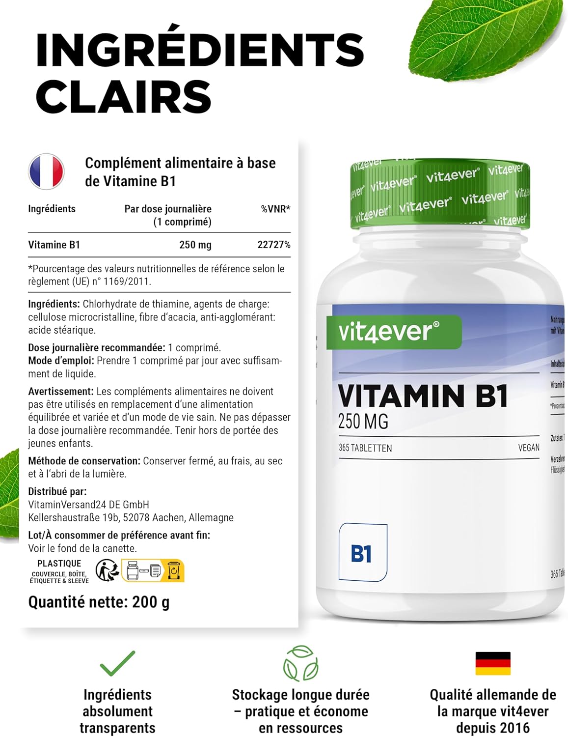 Vitamin B1 (Thiamine) - 250 mg - 365 Tablets - Premium: Thiamine Hydrochloride - High bioavailability - 12 months reserve - No unwanted additives - Vegan - Image 6