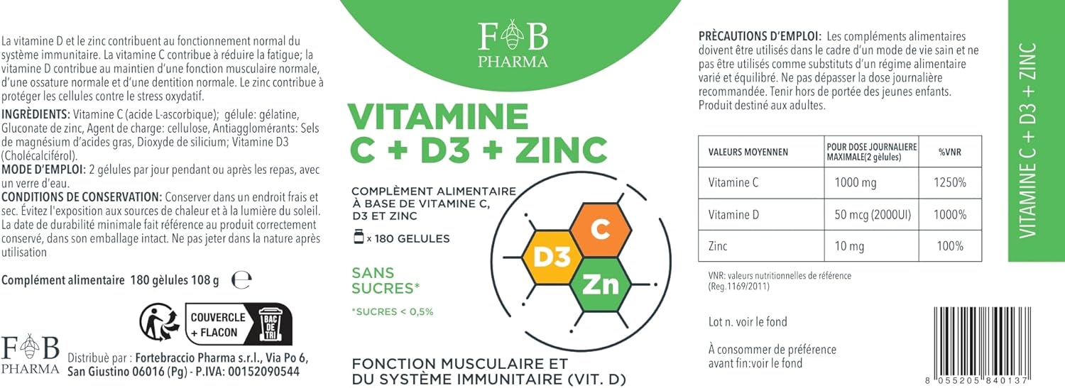 FB Pharma - Vitamin C & D & Zinc Supplement - 180 Vitamin C Capsules - Vitamin D - High Dose Zinc, Multivitamins & Complete Mineral Capsules - Image 7