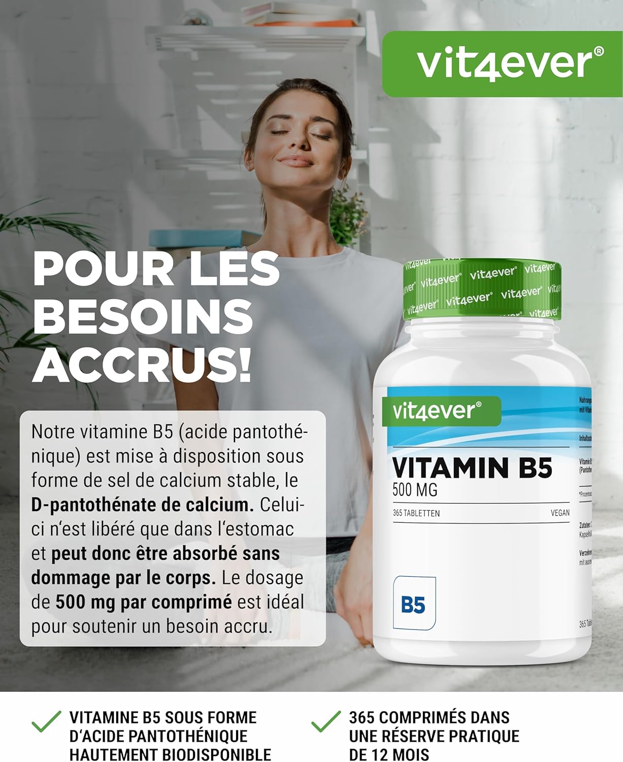 vit4ever Vitamin B5 (Pantothenic Acid) - 500 mg - 365 Tablets - 1 Year Reserve - High Dosed - No Additives - Vegan - Image 3