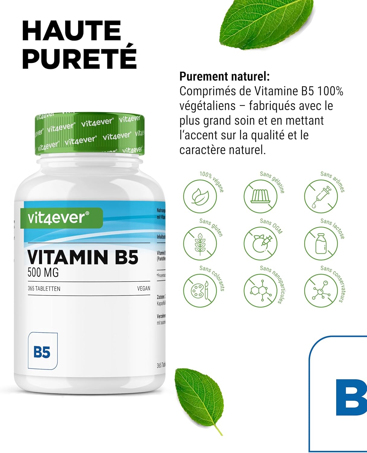 vit4ever Vitamin B5 (Pantothenic Acid) - 500 mg - 365 Tablets - 1 Year Reserve - High Dosed - No Additives - Vegan - Image 4