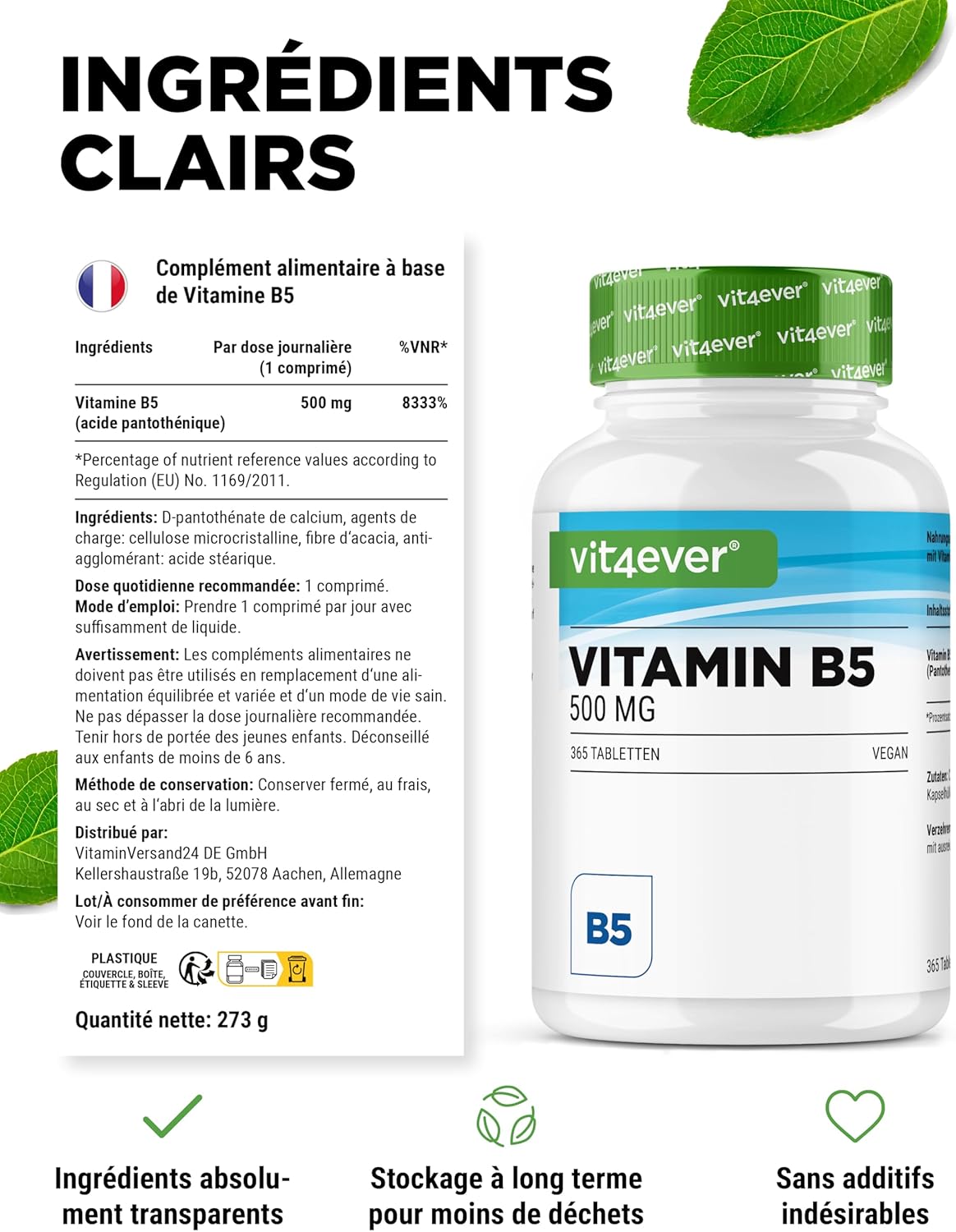 vit4ever Vitamin B5 (Pantothenic Acid) - 500 mg - 365 Tablets - 1 Year Reserve - High Dosed - No Additives - Vegan - Image 6