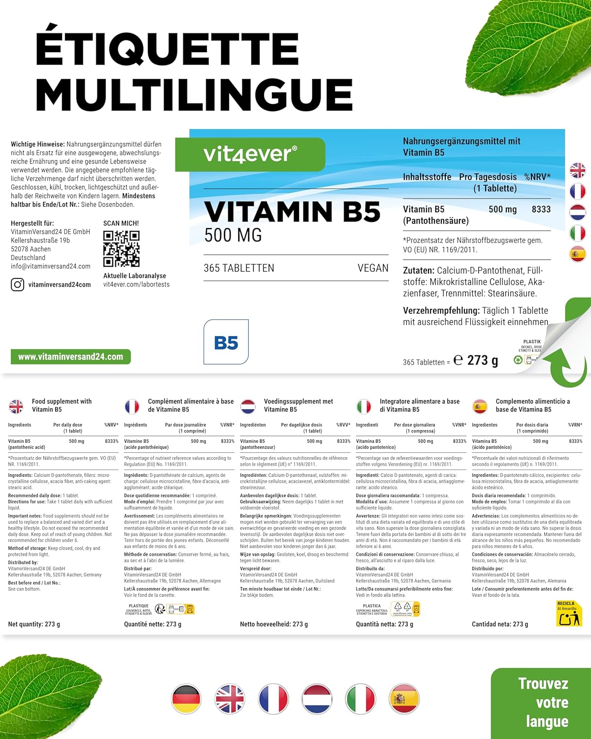 vit4ever Vitamin B5 (Pantothenic Acid) - 500 mg - 365 Tablets - 1 Year Reserve - High Dosed - No Additives - Vegan - Image 7