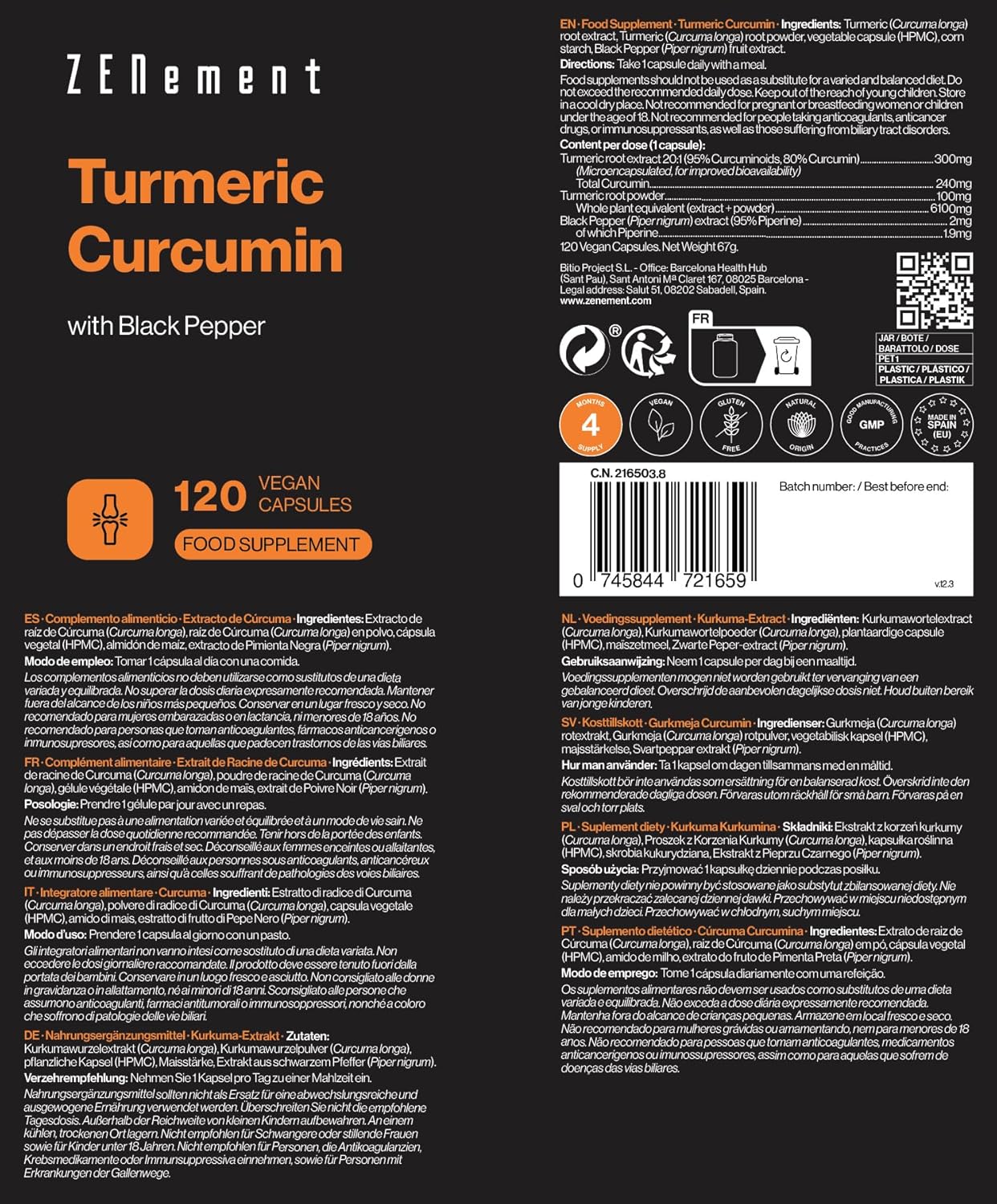 Turmeric Extract with Black Pepper - 95% Curcuminoids - Natural and Vegan Origin - 4 Months Supply - 120 Vegan Capsules - Zenement - Image 5