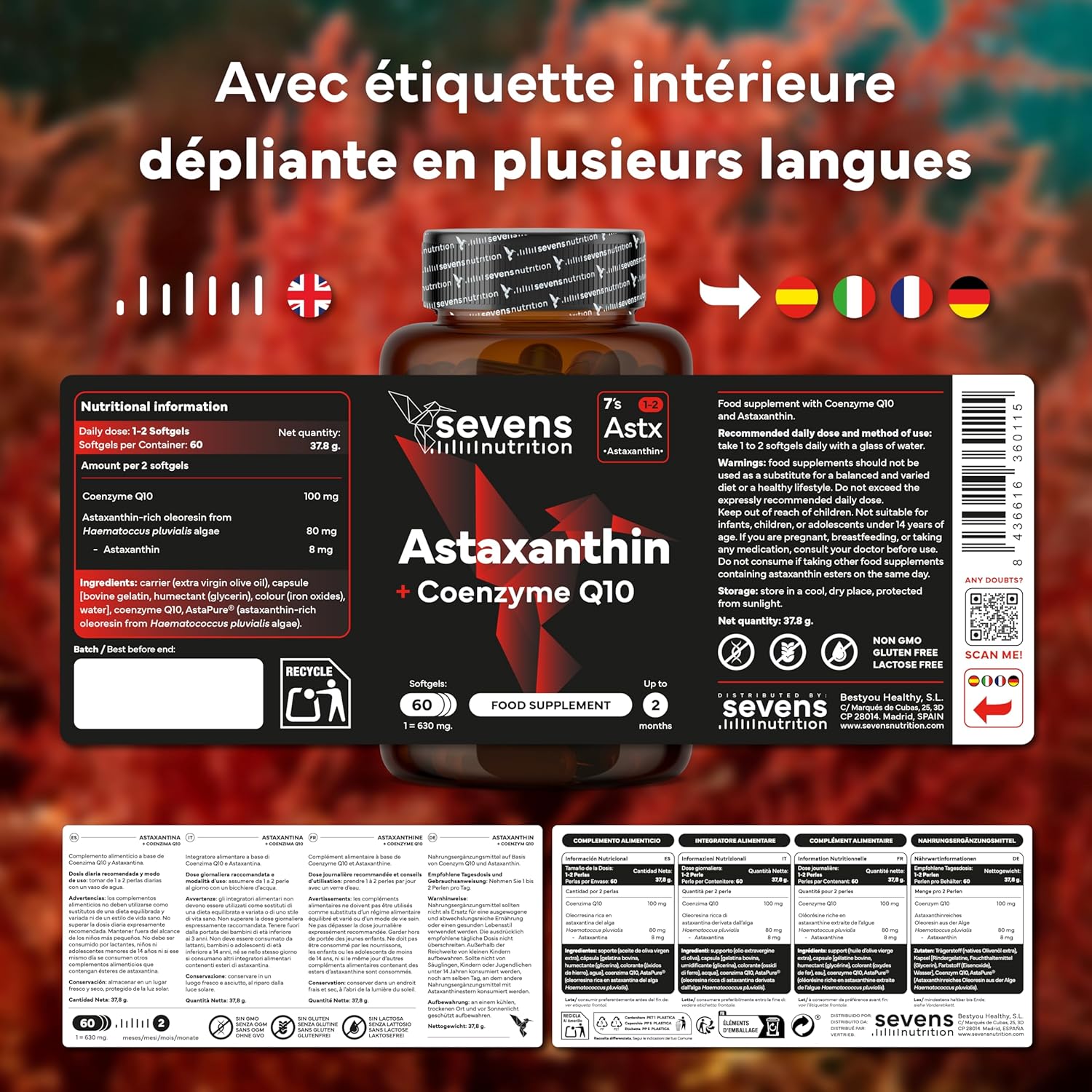 Natural Astaxanthin Astapure with Coenzyme Q10 & Extra Virgin Olive Oil - Powerful Antioxidants for Eyes Skin Immunity - 60 High Absorption Softgels - Sevens - Image 7