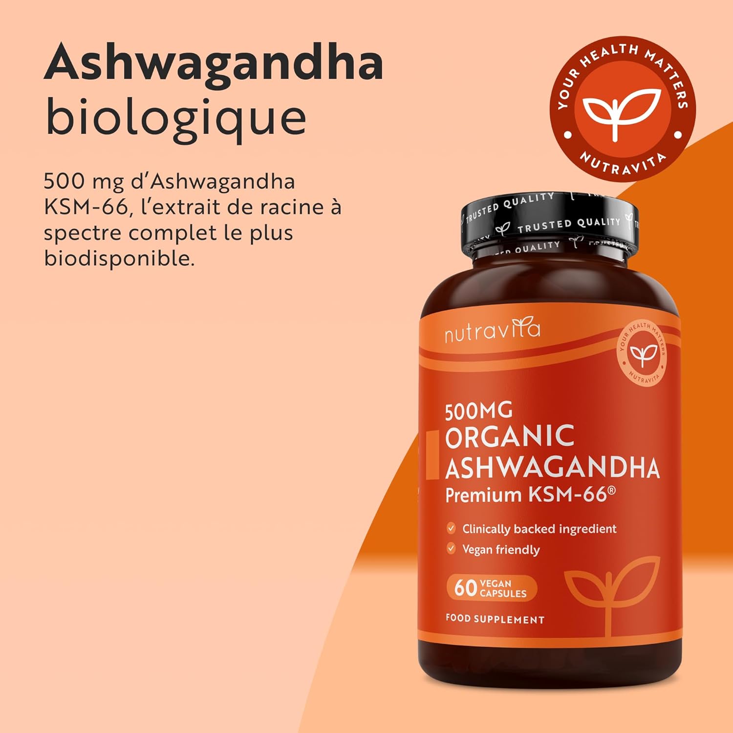 Nutravita Ashwagandha Bio KSM-66® 500mg - 60 Vegan Capsules - Full Spectrum Root Extract - High Quality - Naturally Present Withanolides - Certified Organic Ashwagandha Supplement - Image 3