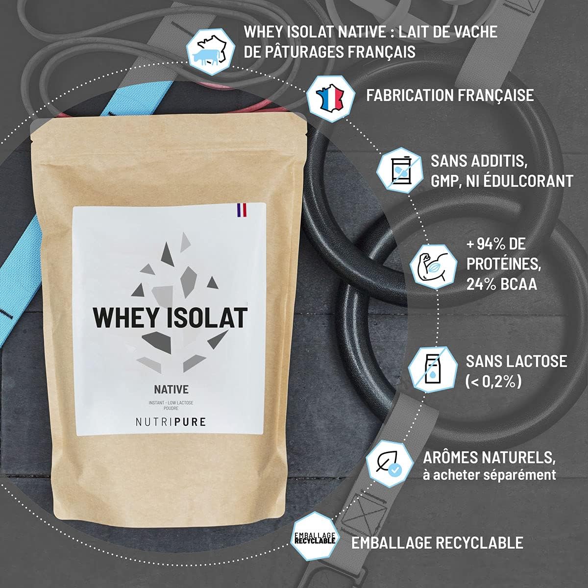 Nutripure | Whey Isolate Native Powder | Milk Protein Food Supplement | Muscle Development & Bodybuilding | 94% Protein, 25% BCAA, 52% EAA | Neutral | 750g | France - Image 4
