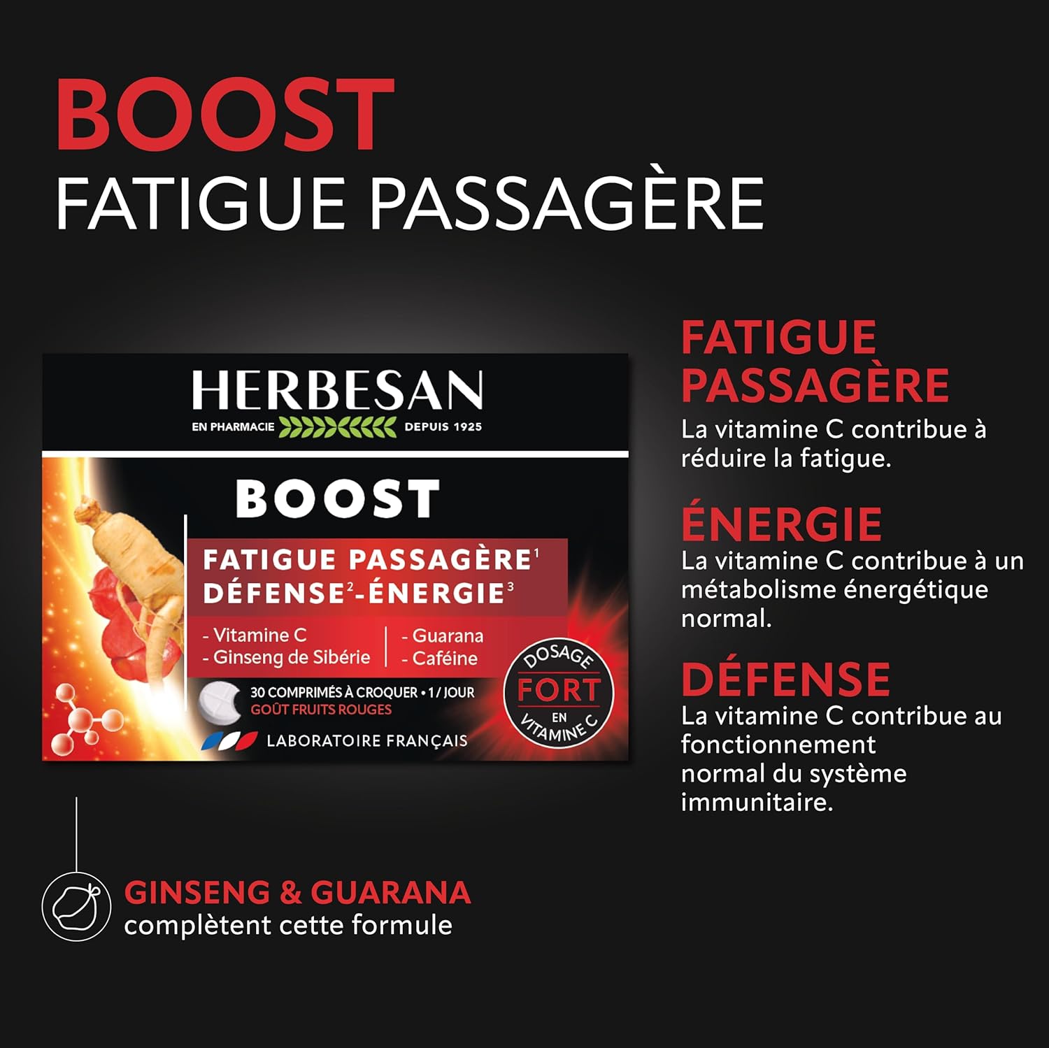 HERBESAN - BOOST COMPLEX - 3 ACTIVES including caffeine - Boost effect - Red fruit taste - Made in France - 30 chewable tablets - Image 3