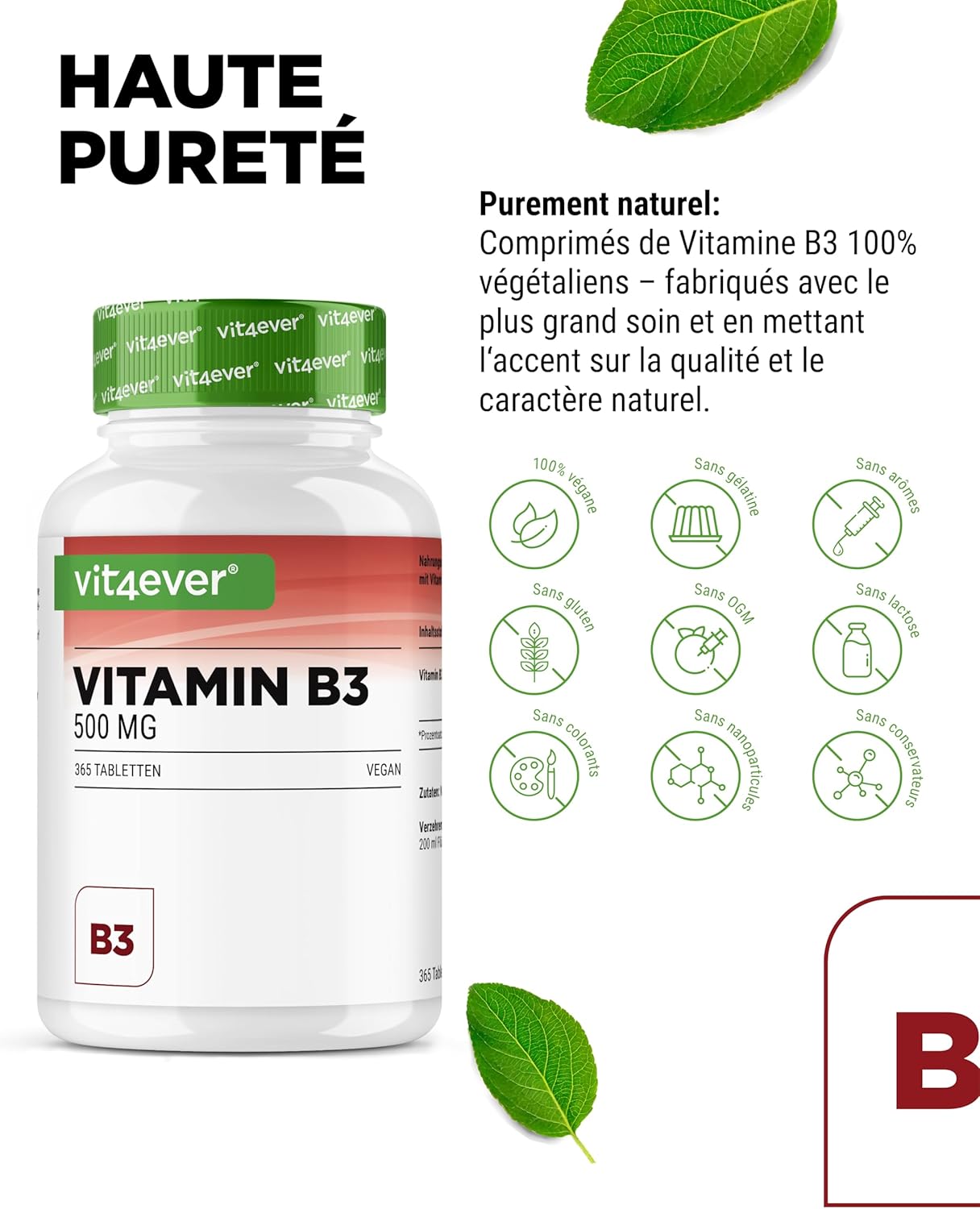 vit4ever Vitamin B3 (Niacin) - 500 mg - 365 Tablets - High Dose Nicotinamide - Flushfree - No Additives - Vegan - Image 4