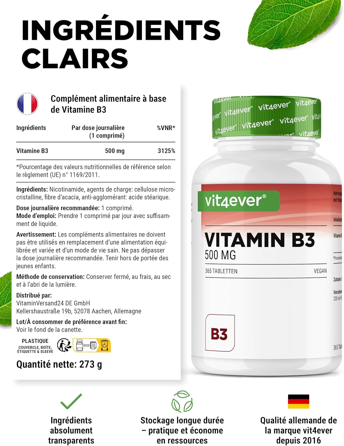 vit4ever Vitamin B3 (Niacin) - 500 mg - 365 Tablets - High Dose Nicotinamide - Flushfree - No Additives - Vegan - Image 6