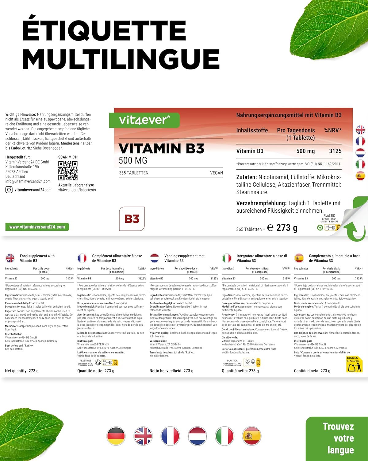 vit4ever Vitamin B3 (Niacin) - 500 mg - 365 Tablets - High Dose Nicotinamide - Flushfree - No Additives - Vegan - Image 7