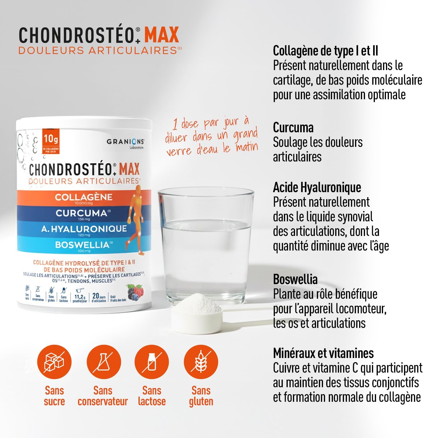 GRANIONS CHONDROSTEO+ MAX COLLAGENE 225 g, Collagen and Hyaluronic Acid + Turmeric + Boswellia - Joints, Muscle, Tendons, Cartilage, Bones - Wild Fruit Tastes - 20 Days - Image 6