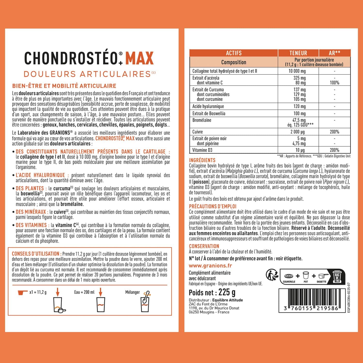 GRANIONS CHONDROSTEO+ MAX COLLAGENE 225 g, Collagen and Hyaluronic Acid + Turmeric + Boswellia - Joints, Muscle, Tendons, Cartilage, Bones - Wild Fruit Tastes - 20 Days - Image 7