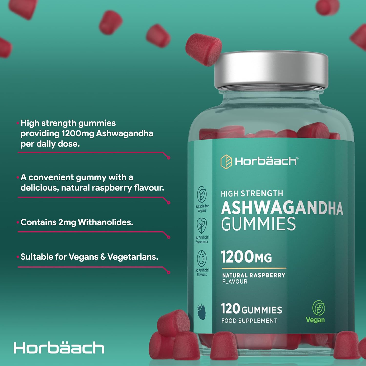 Ashwagandha Gummies 1200mg | 120 Vegan Raspberry Flavor Gummies | for 2 Months | Ashwagandha Withania Somnifera Extract | by Horbaach - Image 3