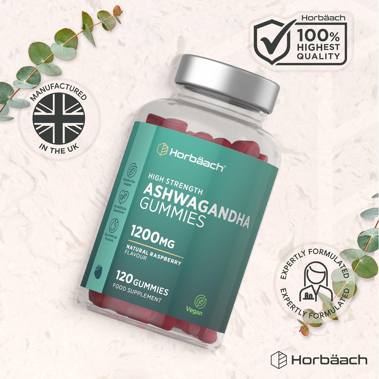 Ashwagandha Gummies 1200mg | 120 Vegan Raspberry Flavor Gummies | for 2 Months | Ashwagandha Withania Somnifera Extract | by Horbaach - Image 8