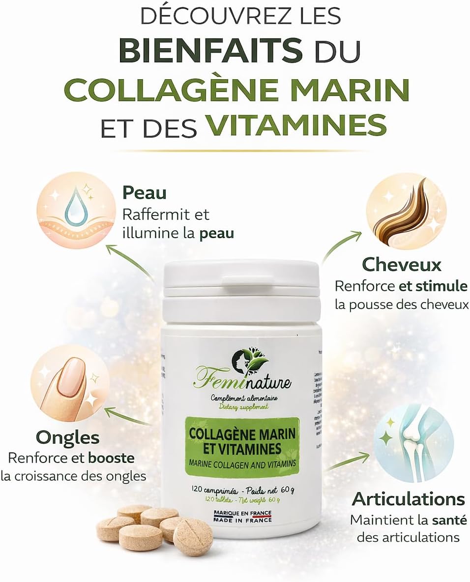COLLAGENE MARIN - Type 1 & 2 - Vitamins C & E - Skin hydration - Protects bones and joints - 1000 mg - 120 tablets - Made in France - Image 4