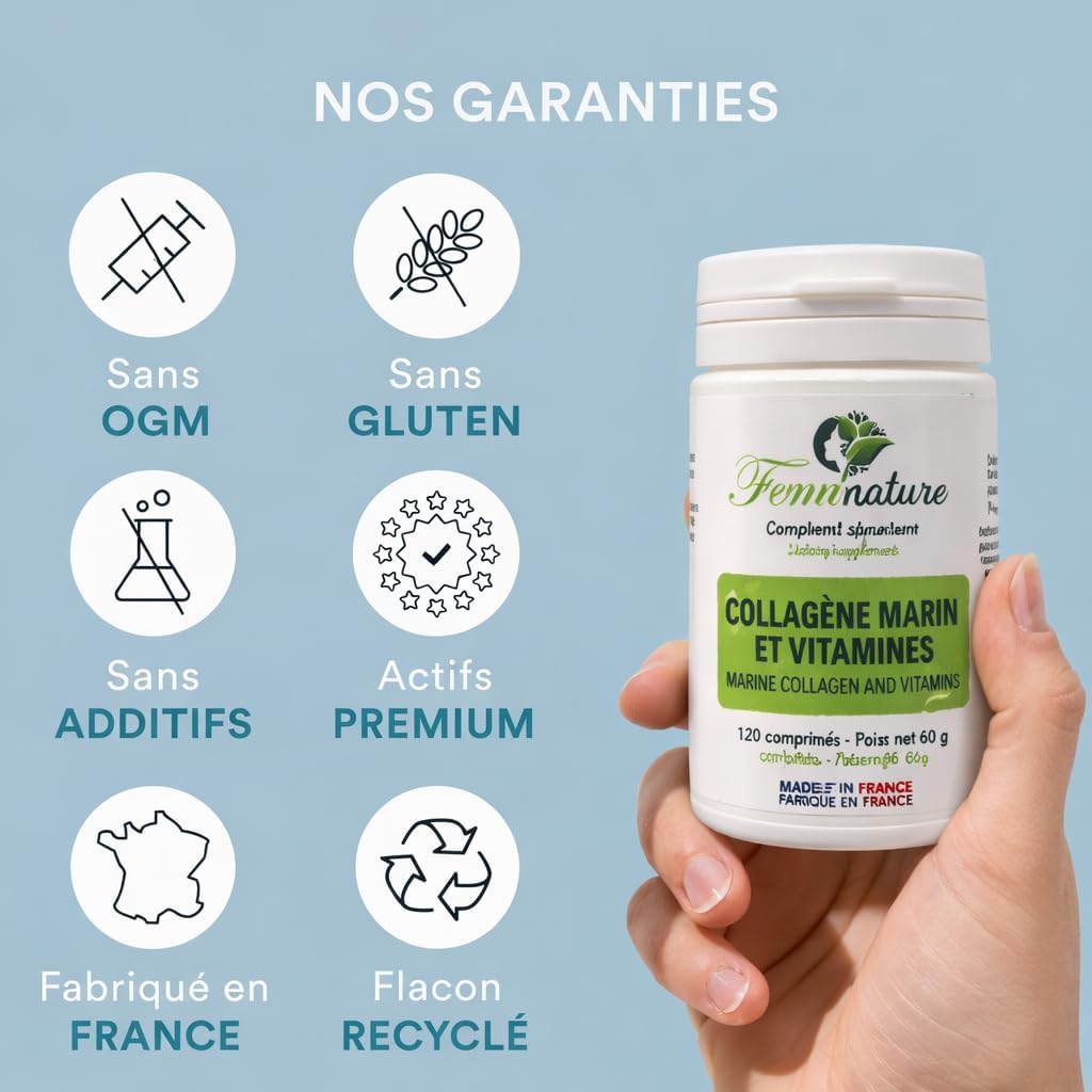 COLLAGENE MARIN - Type 1 & 2 - Vitamins C & E - Skin hydration - Protects bones and joints - 1000 mg - 120 tablets - Made in France - Image 5