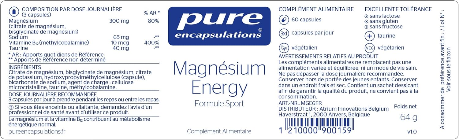 Pure Encapsulations - Magnesium Energy - Sport Formula - Magnesium Bisglycinate and Citrate with Taurine and Vitamin B12 - Fatigue and Energy - Muscle Support - Food Supplement - 60 capsules - Image 10