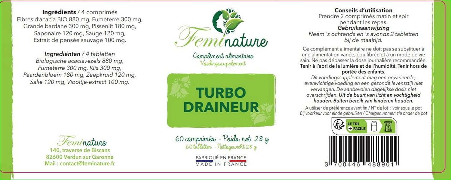 Feminature | Turbo Draineur 2-in-1 – Deep Detox, Elimination & Clean Skin – Dandelion, Burdock, Wild Thought – 60 Tablets – Made in France - Image 6