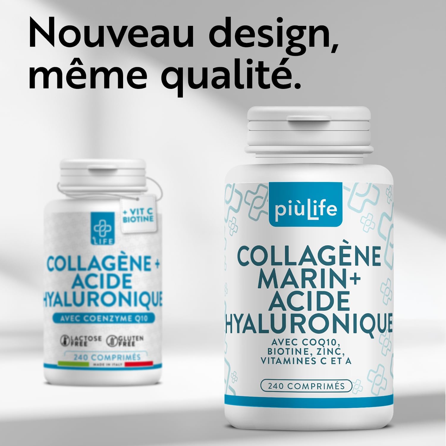 PiùLife Hyaluronic Acid Marine Collagen – 2000 mg Hydrolyzed Collagen Type 1, Vitamin C, Biotin, Zinc, Q10 – 240 Capsules – Skin, Hair, Joints - Image 3