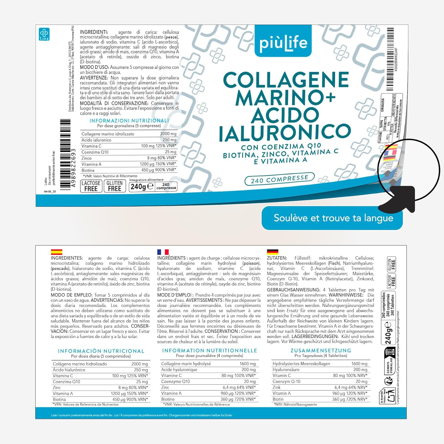 PiùLife Hyaluronic Acid Marine Collagen – 2000 mg Hydrolyzed Collagen Type 1, Vitamin C, Biotin, Zinc, Q10 – 240 Capsules – Skin, Hair, Joints - Image 8