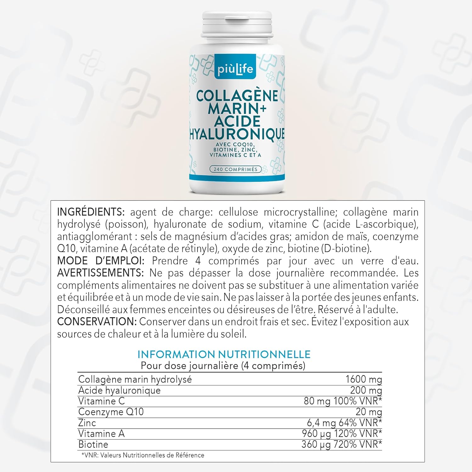 PiùLife Hyaluronic Acid Marine Collagen – 2000 mg Hydrolyzed Collagen Type 1, Vitamin C, Biotin, Zinc, Q10 – 240 Capsules – Skin, Hair, Joints - Image 9