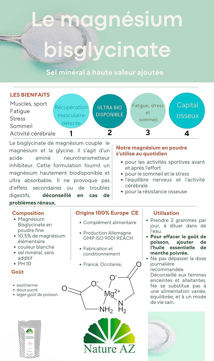 Magnesium Bisglycinate Powder – Highly Assimilable – Sport, Stress, Cramps – No Vitamin B6 – No Additives – Free Dosage – 100 g – French Laboratory - Image 3