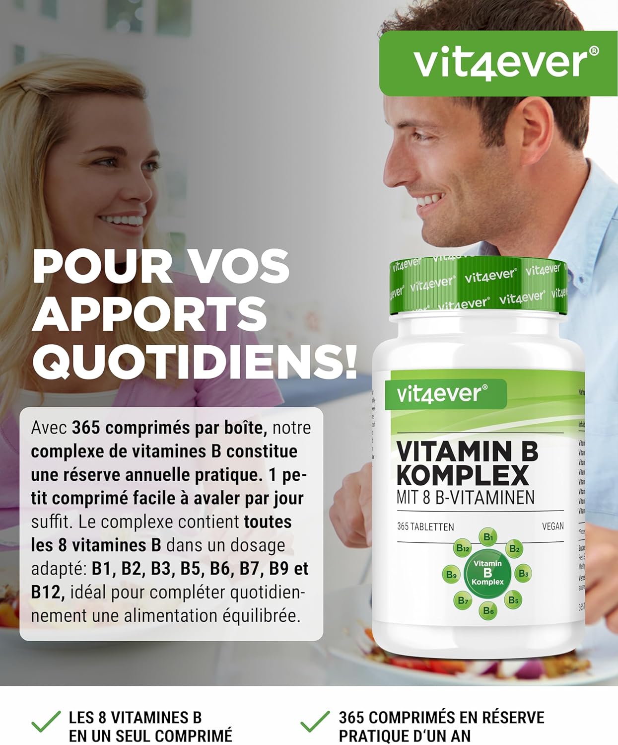 vit4ever Vitamin B Complex - 365 Tablets - 12 Months Supply - 8 B Vitamins in 1 Tablet - Vitamins B1, B2, B3, B5, B6, B12, Biotin & Folic Acid - Vegan - Image 3