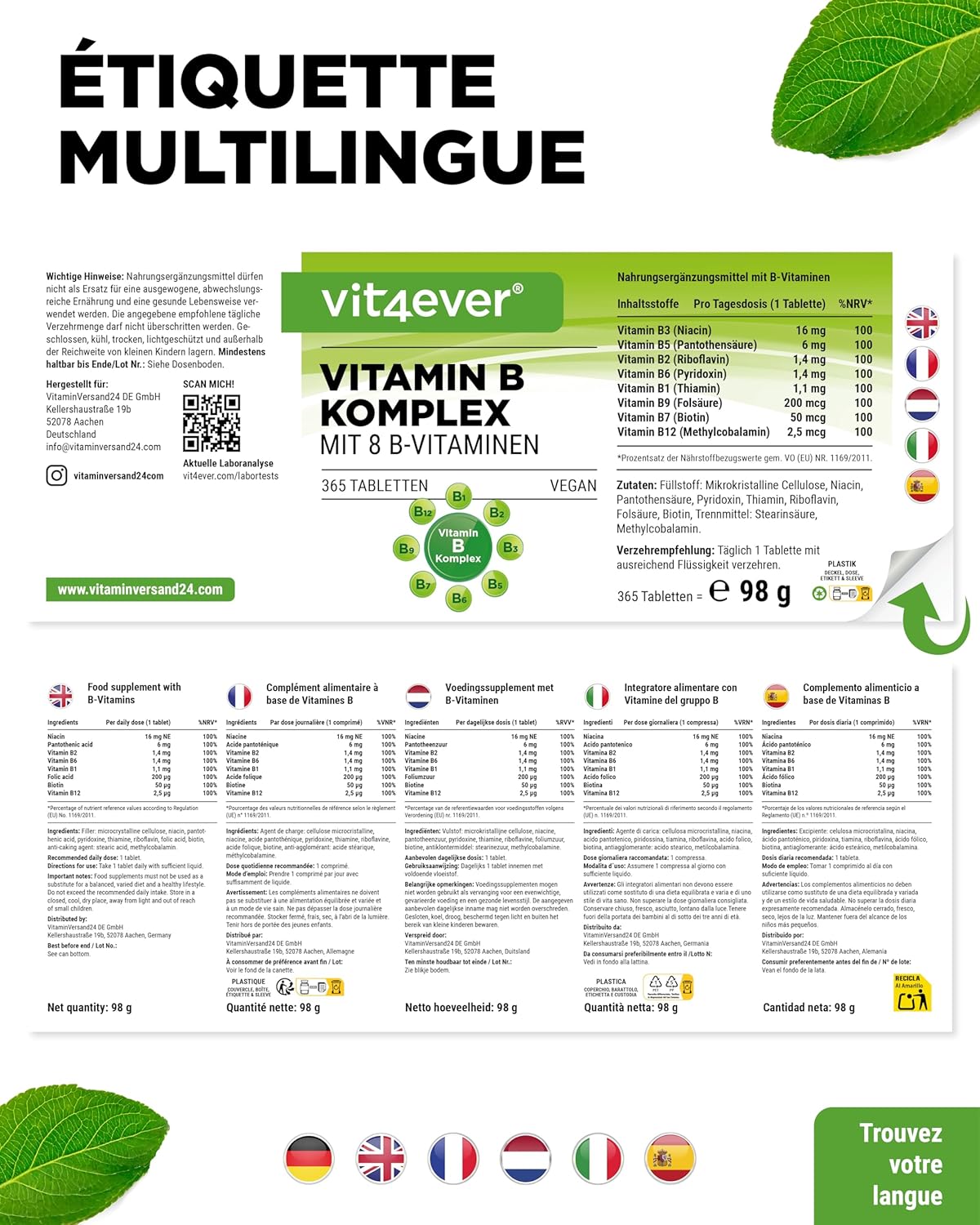 vit4ever Vitamin B Complex - 365 Tablets - 12 Months Supply - 8 B Vitamins in 1 Tablet - Vitamins B1, B2, B3, B5, B6, B12, Biotin & Folic Acid - Vegan - Image 7